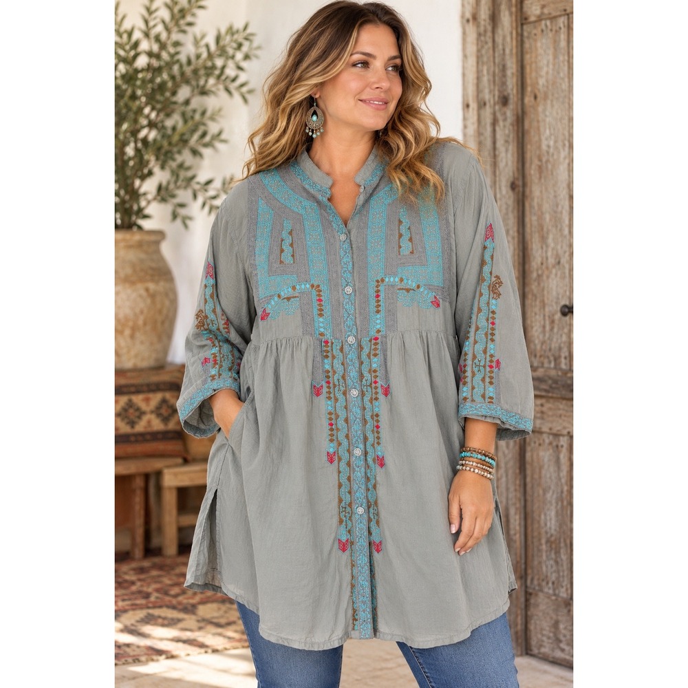 Johnny Was Grey Embroidered Cotton Tunic Top XL Boho Lagenlook Western Sundance